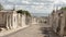 Old graves in Alto de Sao Joao cemetery, with harbor of Lisbon and Tagus riverin the distance