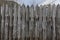 Old gray fence of sharp logs in the palisade