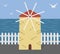 Old Greek windmill on the seashore. Marine landscape with a windmill, a white fence, the sea and seagulls. Vector illustration.
