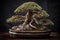 Old green bonsai tree on dark background, AI Generated