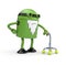 Old green robot whose back pain holding a cane