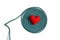 Old green rope and red heart isolate on white background