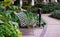 Old grunge green stainless steel bench in garden.