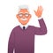 Old handsome grandfather waves his hand. Elderly happy gray-haired man with a mustache and glasses. Portrait of a successful