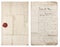 Old handwritten letter. Antique paper sheet with red wax seal