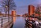 Old harbor in Groningen centre at sunset