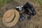 Old hat, the camera, the video camera and the cartridge with a film