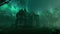 Old haunted abandoned mansion in creepy night forest with cold fog atmosphere, 3d rendering