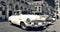 Old Havana cars panorama b&w