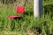 Old heavily used office chair with dilapidated red fabric left in family house backyard next to concrete utility pole