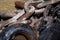 Old, heavy, rusty, iron chains in an unused dock