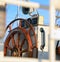 Old helm on sailing ship in morning light