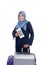 Old hijab woman holding passport, ticket, and suitcase