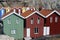 Old historic fishing storage houses in SmÃ¶gen town with waterfront in SotenÃ¤s, Sweden on a sunny day