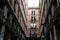 Old historic houses with windows, balconies and streetlight in Barcelona