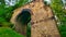 Old historic railway bridge vault made of bricks overgrown with grass and other vegetation