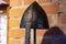 Old historical medieval iron knight helmet armor for ancient warriors protection in combat. Traditional past fighter heavy metal