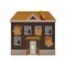 Old house with broken roof and boarded up windows. Facade of abandoned building. Private home. Flat vector icon