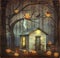 Old House in a fairytale forest among trees,halloween pumpkins