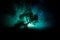 Old house with a Ghost in the forest at night or Abandoned Haunted Horror House in fog. Old mystic building in dead tree forest. T