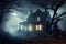 Old house with a Ghost at night with spooky tree or Abandoned Haunted Horror House in toned foggy sky with light. Old mystic