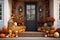 Old House Porch Adorned With Pumpkins For Autumn, Halloween, And Thanksgiving