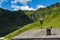 Old house roof with view on mountains. Alpine landscape along the Zillertal high road, Austria, Tyrol