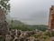 Old house ruins, fog landscape, lake shore mist, blurred landscape