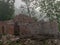 Old house ruins, fog landscape, lake shore mist, blurred landscape