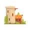 Old house and stone fortress tower, ancient architecture building vector Illustration