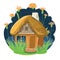 Old house with a thatched roof. Fabulous cartoon object. Cute childish style. Ancient dwelling. Tiny, small. Against the