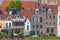 Old houses alongside the river IJssel in Deventer, The Netherlands