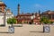 Old houses and churches in town of Racconigi, Italy.