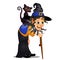 Old hunchbacked witch with walking stick and black cat on her shoulder isolated on white background. Sketch for poster