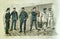 Old illustration of men in various uniforms of the French navy in late 19th century