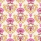 Old indian luxe gold arabesque damask seamless vector pattern. Ornate fuchsia pink persian flourish. Middle eastern