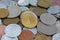 Old invalid coins from europe. History coins texture pattern Money coins background. Filler Schilling Groschen Pfennig