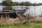 Old iron freighter moored in a river