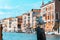 Old italian architecture with landmark bridge, romantic boat. Venezia. Gull in Grand canal for gondola in travel europe city.