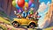 Old jalopy car journey balloons flowers dangerous road
