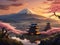 An old Japanese city, mountains and sakura blossom, colorful sunset landscape, generative ai