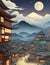 An old Japanese city, mountains and sakura blossom, colorful sunset landscape, generative ai