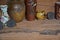 Old jars and lotus fruits in the corner of wood room