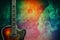 Old, jazz electric guitar on a multicolored grunge background. Copy space. Background for music festivals, concerts. Musical