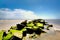 An old jetty made from algae cover rocks.