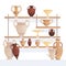 Old jug on shelves. Antique vessel in museum history clay cups and amphoras vector cartoon concept