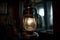 Old kerosene lamp hanging on a wooden wall in the dark Ai generative