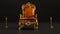 old king armchair with golden barrieres on black background, king throne