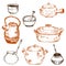 Old kitchen utensils and pots vector sketch hand drawn illustration. Copper pots, teapot and pottery.