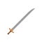 Old knight sword with long steel blade and wooden handle. Weapon of medieval warrior. Flat vector icon